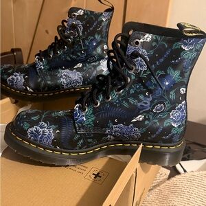 Dr. Martens Floral Combat Boots - Black and Blue